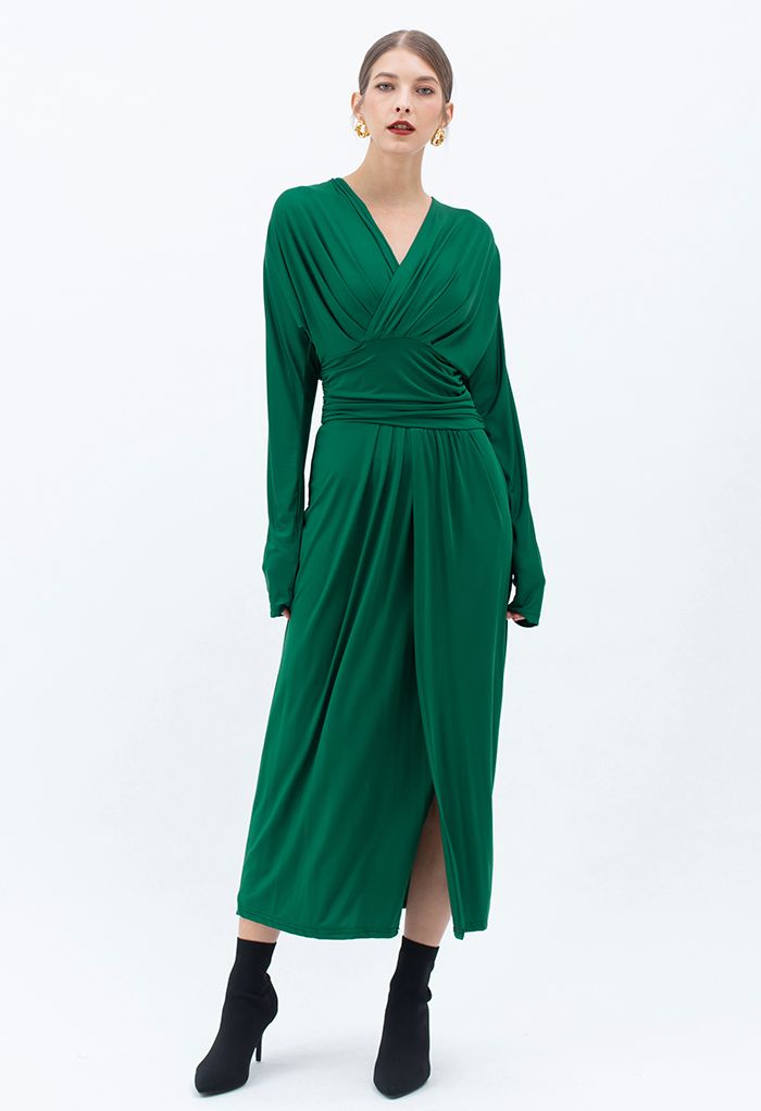 Ruched Wrap V-Neck Slit Maxi Dress in Green