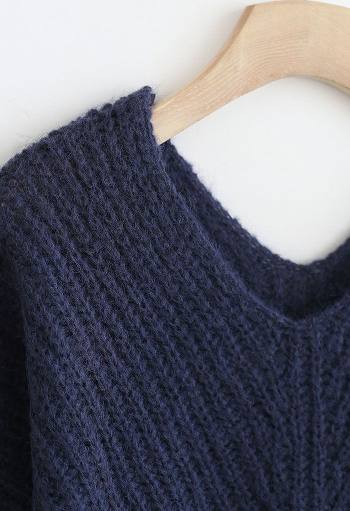 V-Neck Hollow Out Knit Sweater in Navy