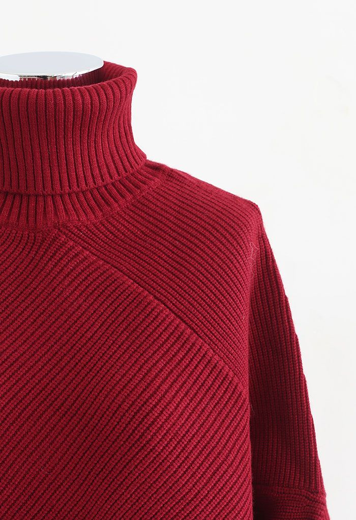 Turtleneck Batwing Sleeve Asymmetric Knit Sweater in Burgundy