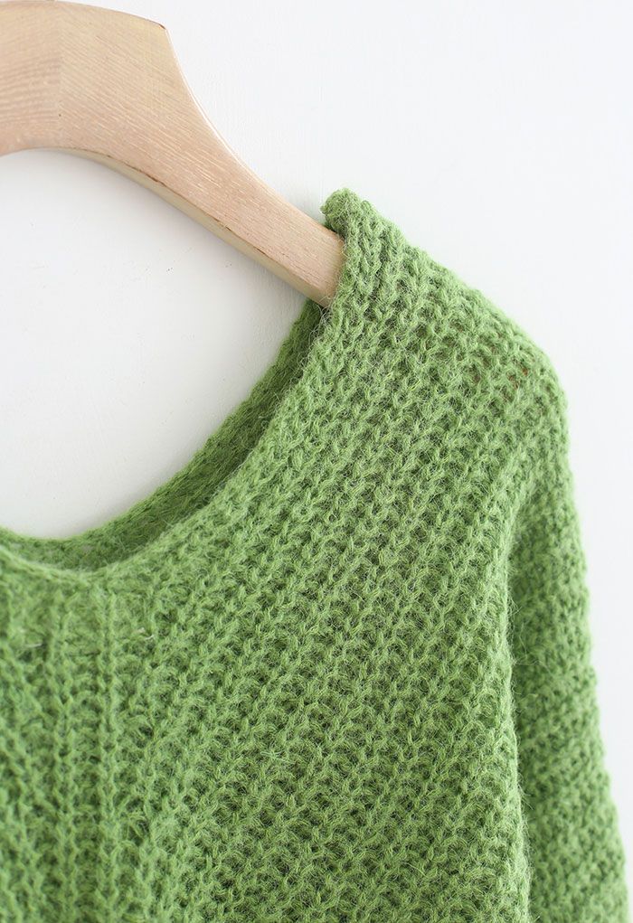 V-Neck Hollow Out Knit Sweater in Green