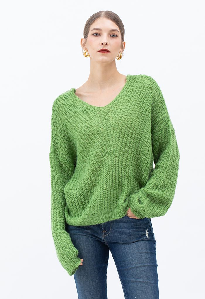V-Neck Hollow Out Knit Sweater in Green
