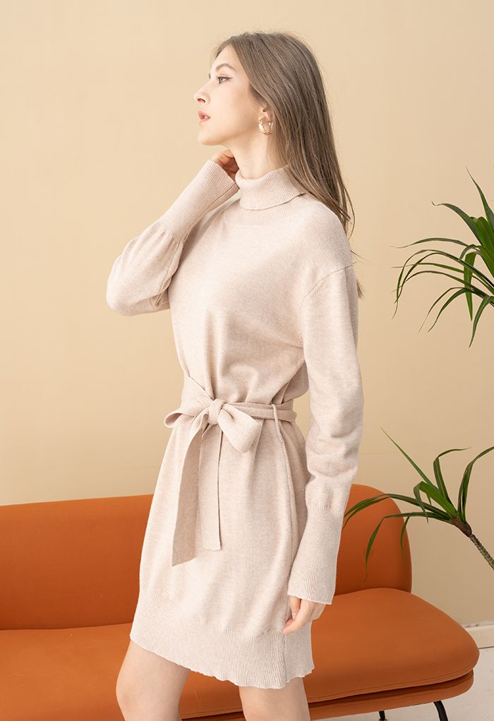 Turtleneck Self-Tie Waist Sweater Dress in Linen 