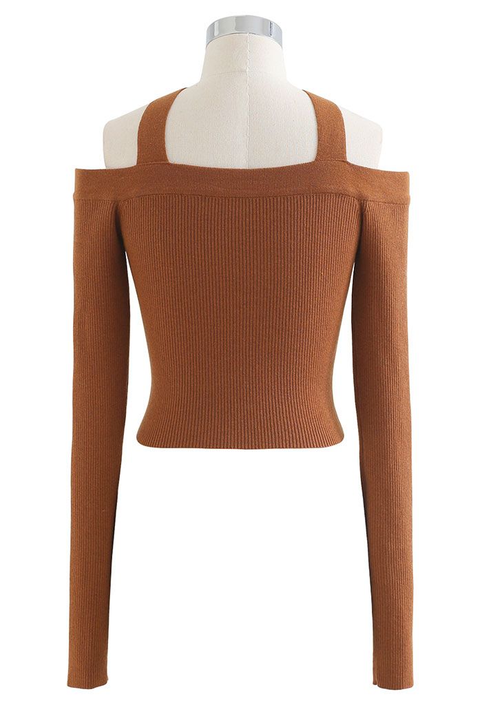 Halter Neck Off-Shoulder Crop Knit Top in Caramel