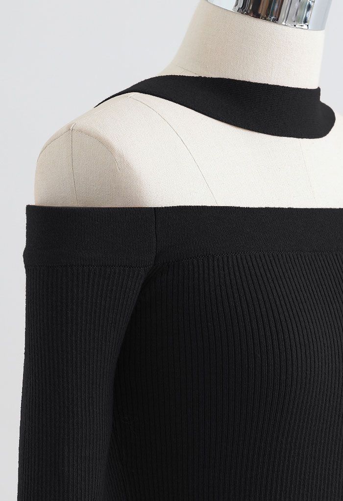 Halter Neck Off-Shoulder Crop Knit Top in Black