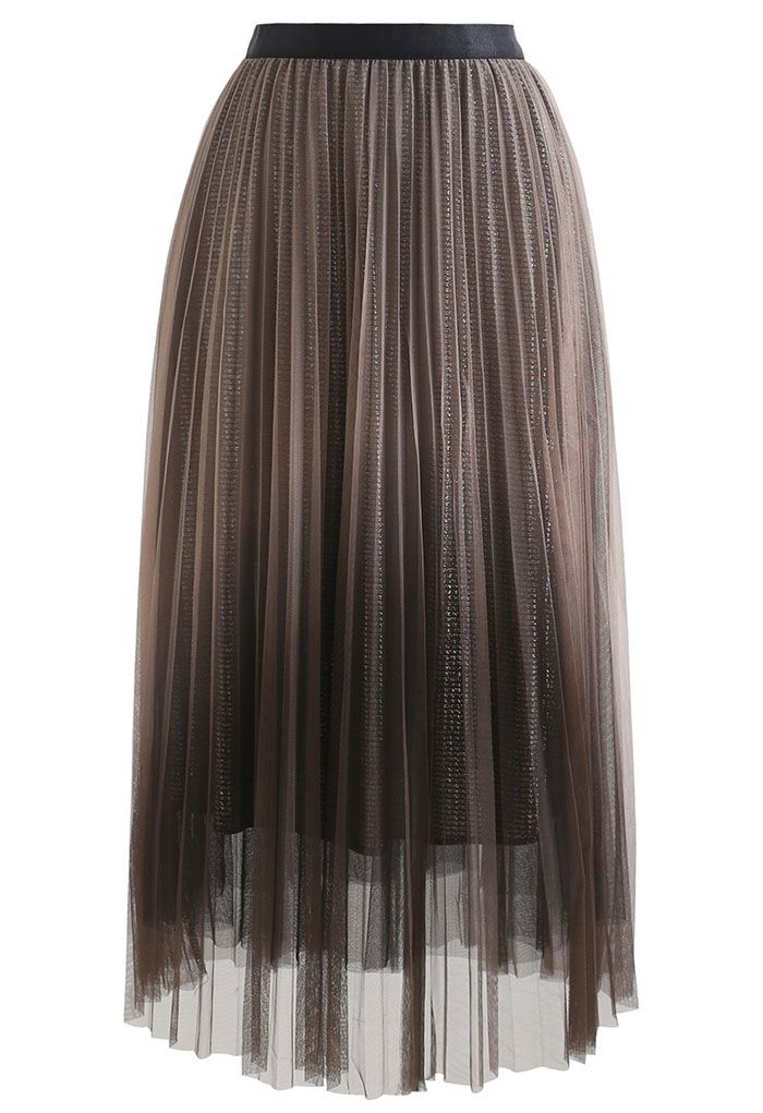 Gradient Mesh Glitter Pleated Midi Skirt in Brown