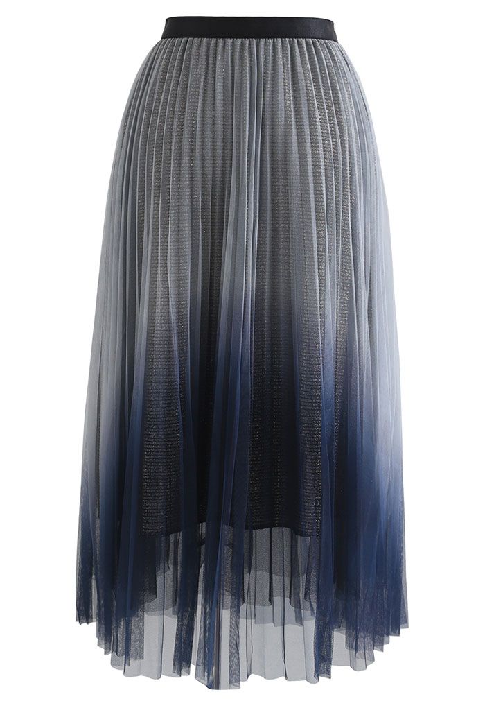 Gradient Mesh Glitter Pleated Midi Skirt in Dusty Blue - Retro, Indie ...