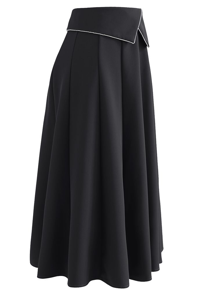 Crystal Flap Seam Detailing Midi Skirt in Black