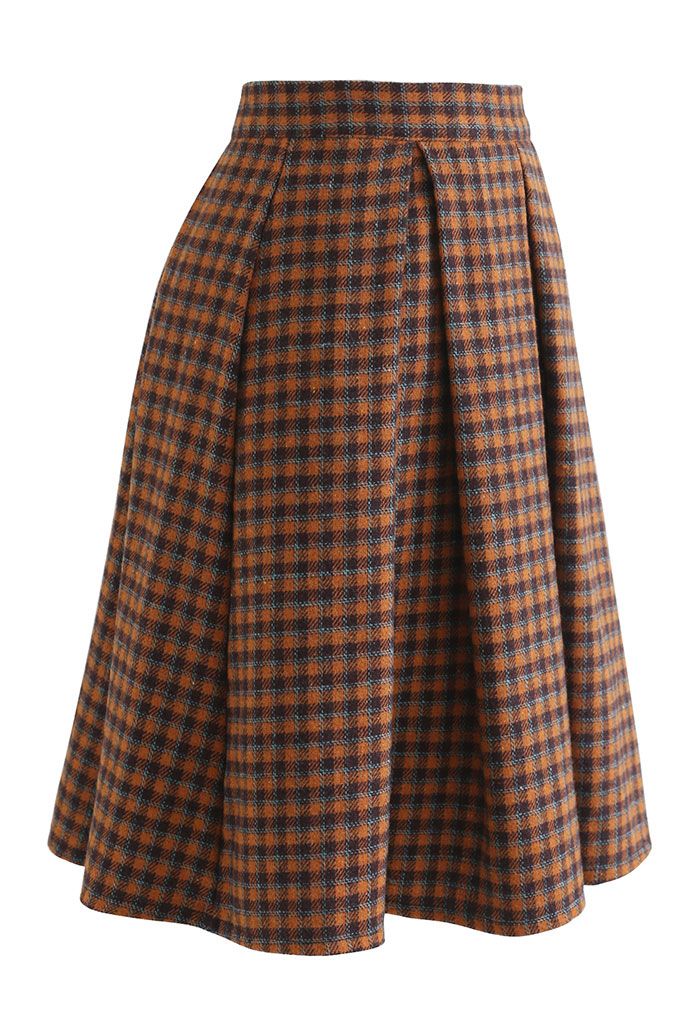 Colored Gingham Wool-Blend Pleated Skirt in Orange - Retro, Indie and ...