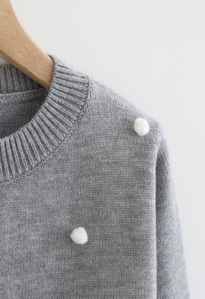 Contrast Pom-Pom Ball Knit Cardigan in Grey - Retro, Indie and Unique ...