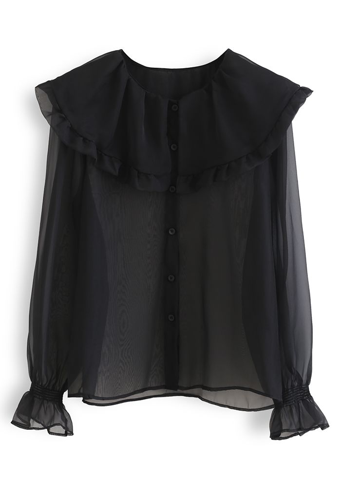 Exaggerated Peter-Pan Collar Sheer Shirt in Black - Retro, Indie and ...