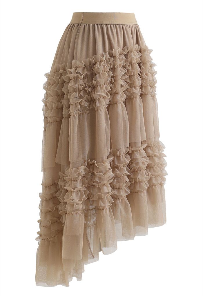 Ruffle Tiered Hi-Lo Mesh Tulle Skirt in Tan - Retro, Indie and Unique ...