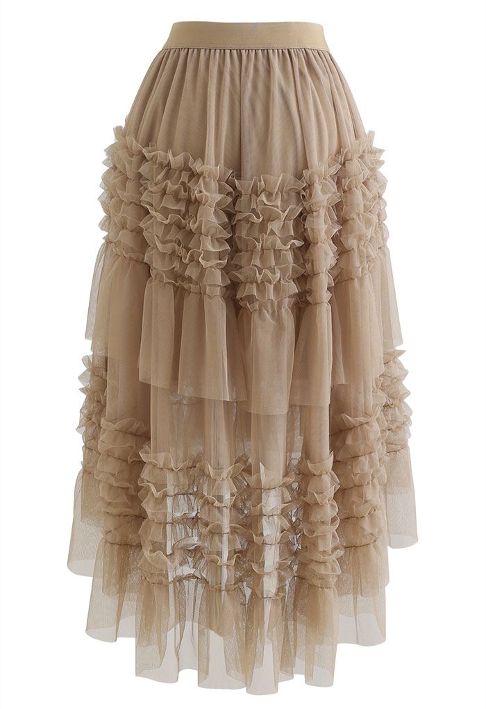 Ruffle Tiered Hi-Lo Mesh Tulle Skirt in Tan - Retro, Indie and Unique ...