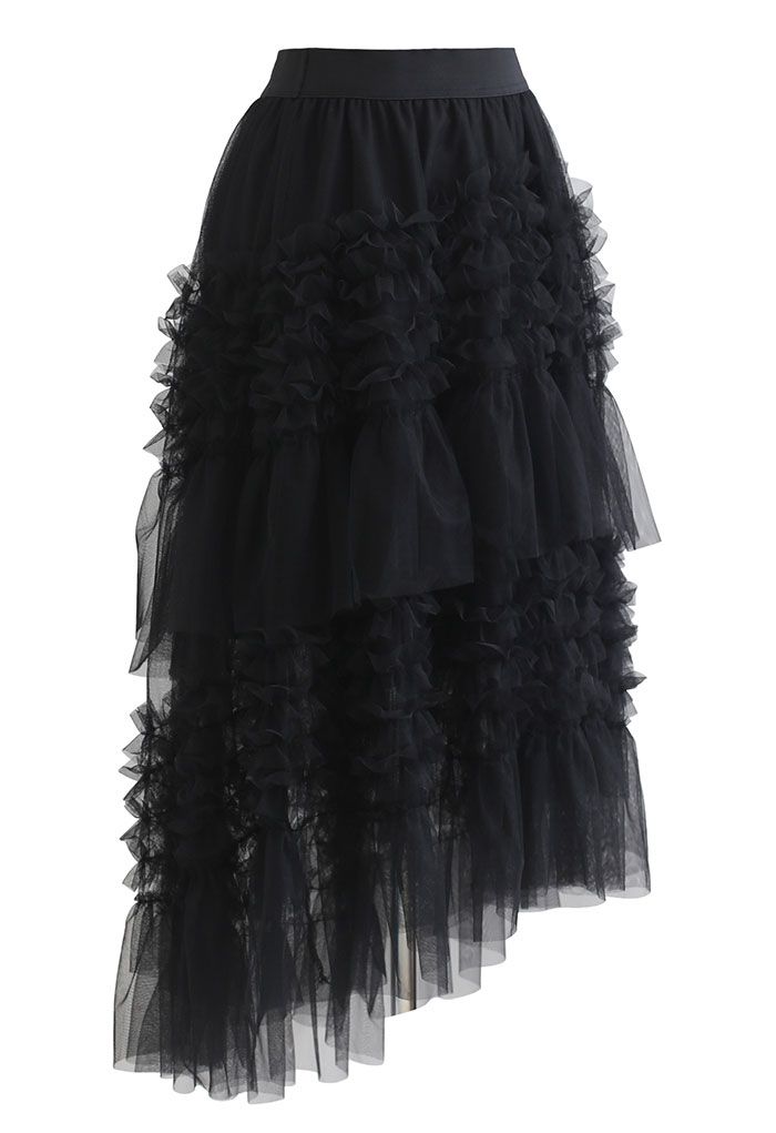 Ruffle Tiered Hi-Lo Mesh Tulle Skirt in Black - Retro, Indie and Unique ...