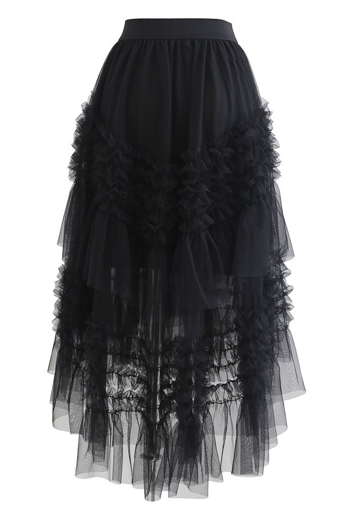 Ruffle Tiered Hi-Lo Mesh Tulle Skirt in Black - Retro, Indie and Unique ...