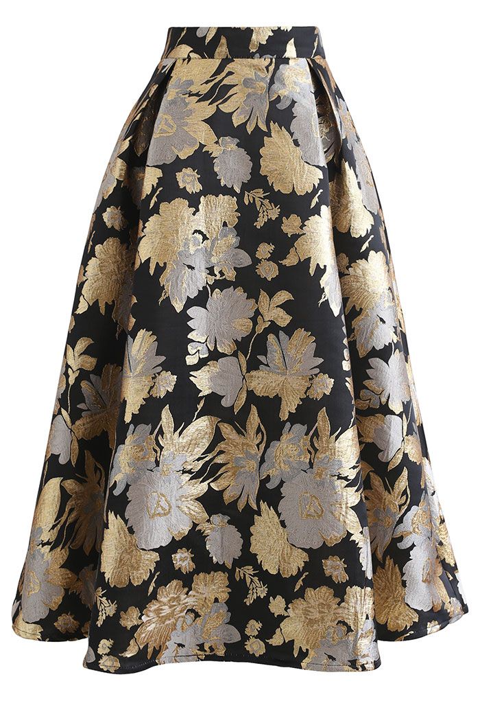 Golden Bouquets Jacquard A-Line Midi Skirt - Retro, Indie and