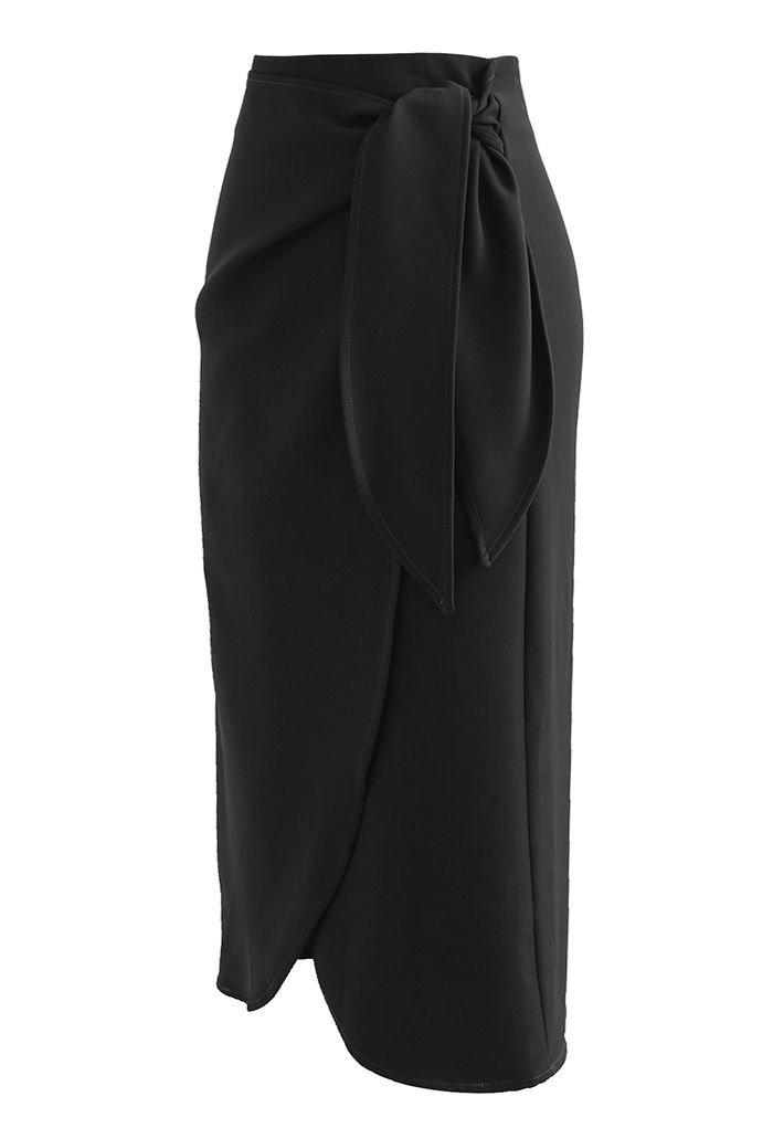 Tie-Knot Waist Flap Midi Skirt in Black