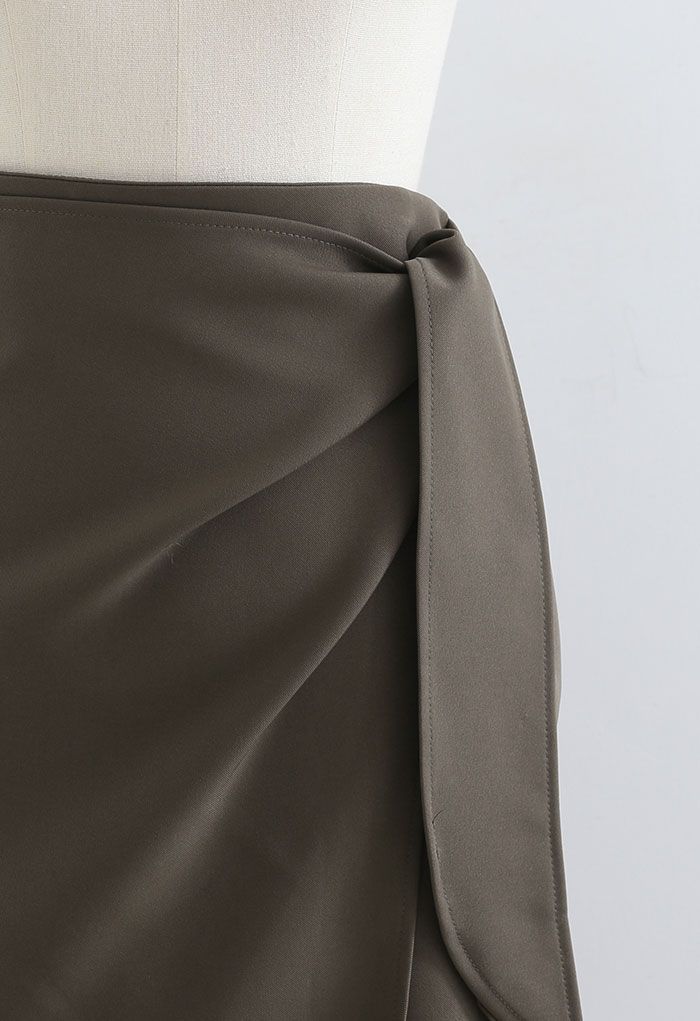 Tie-Knot Waist Flap Midi Skirt in Dark Khaki