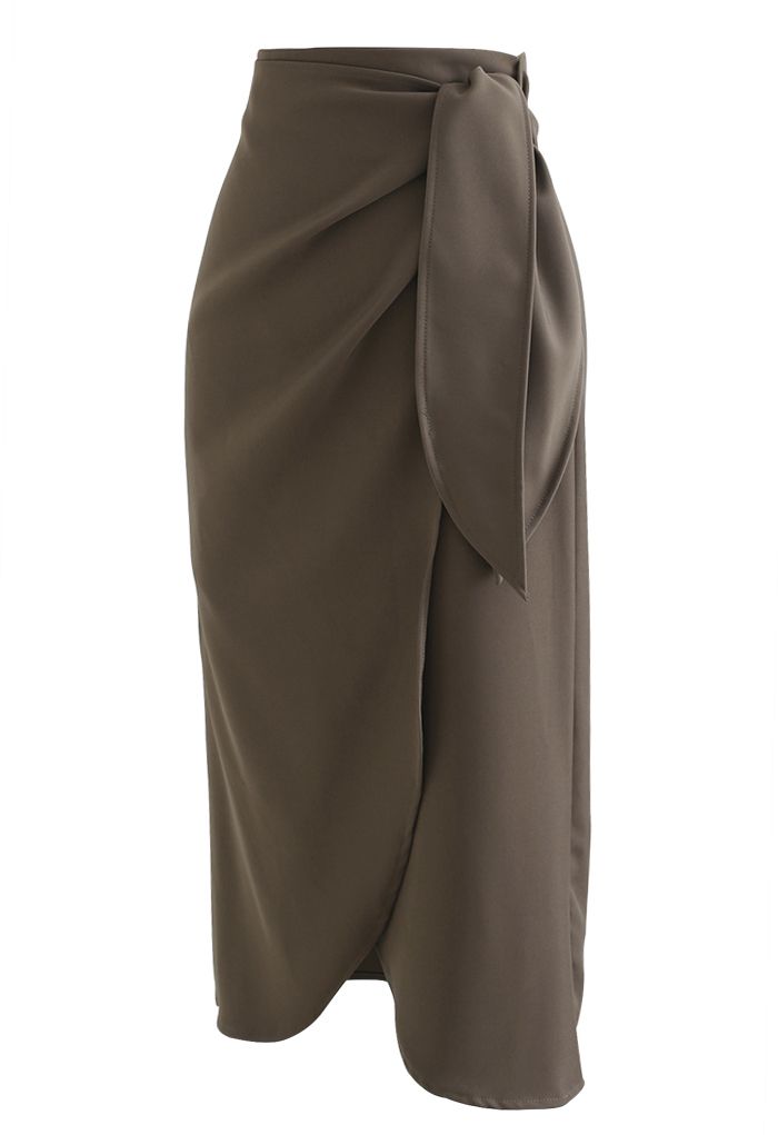 Tie-Knot Waist Flap Midi Skirt in Dark Khaki