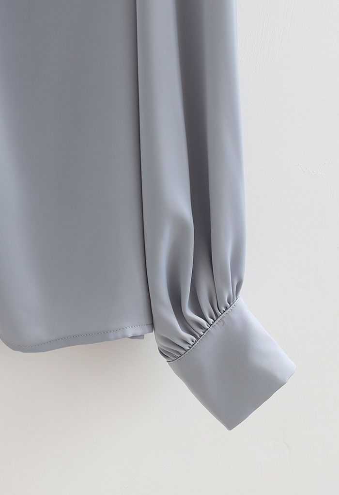 Ruched V-Neck Button Down Satin Top in Dusty Blue - Retro, Indie and ...
