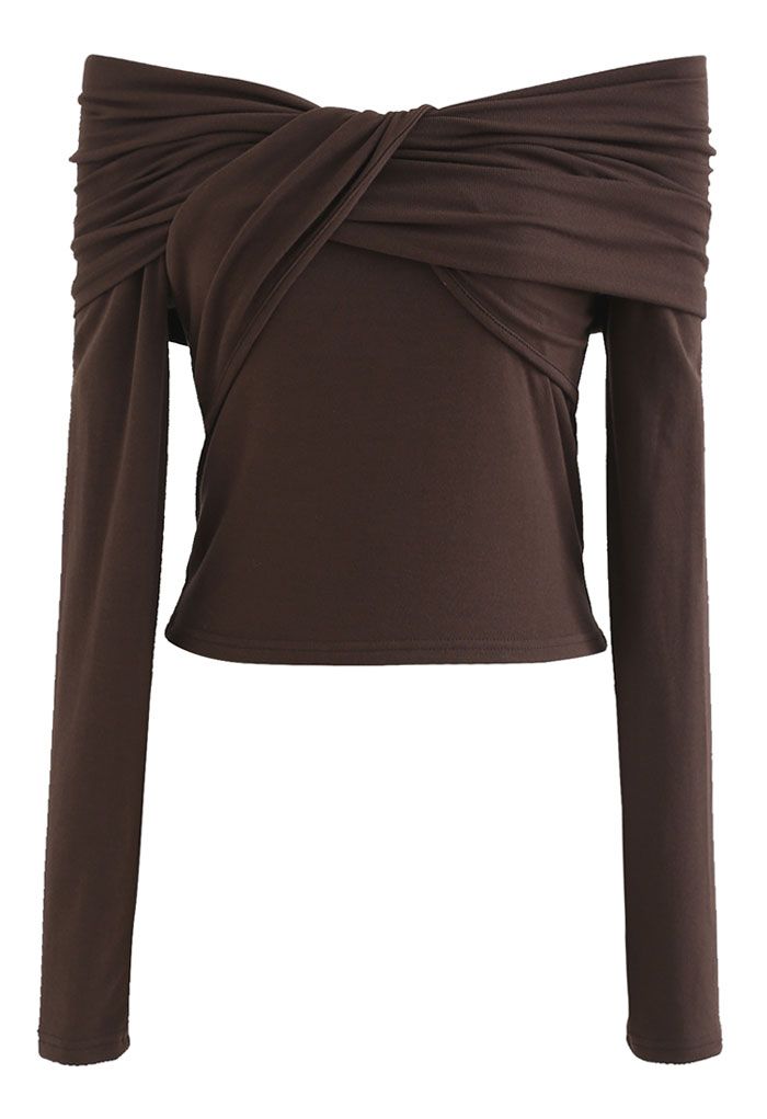 Twisted Front Off-Shoulder Crop Top in Brown - Retro, Indie and Unique ...
