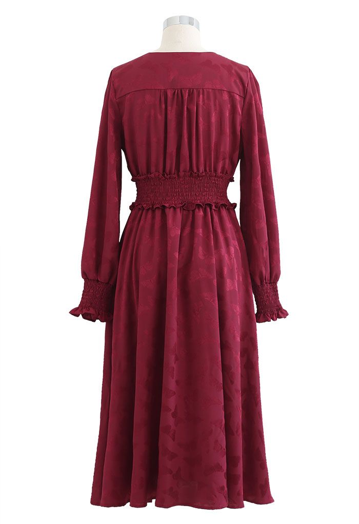 Jacquard Butterfly Button Down Wrap Midi Dress in Red