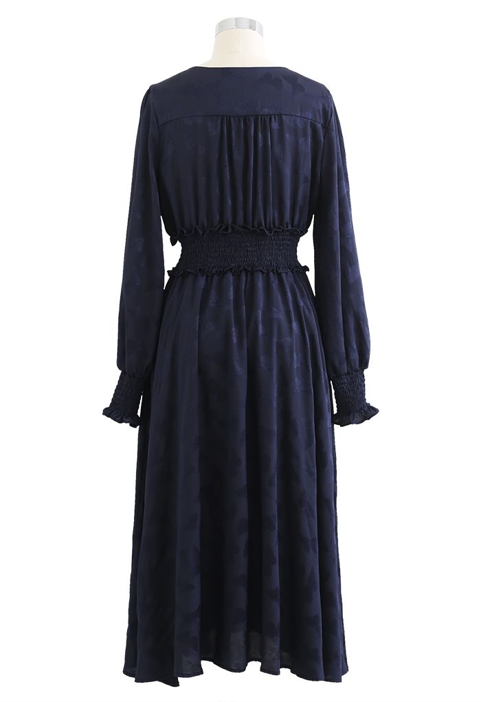 Jacquard Butterfly Button Down Wrap Midi Dress in Navy - Retro, Indie ...