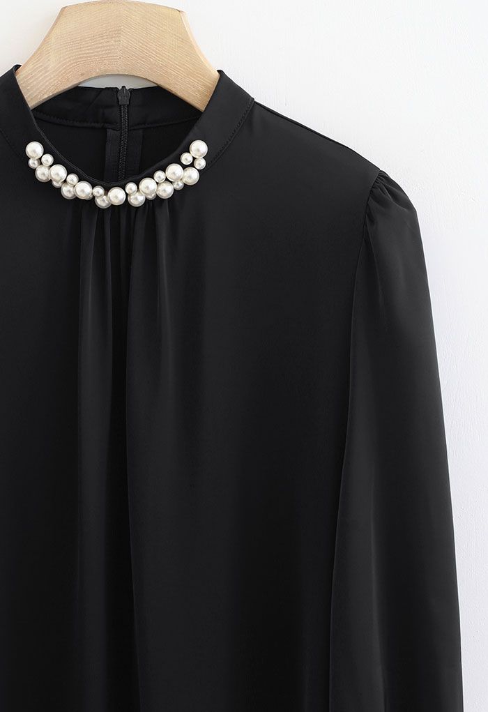 Pearl Embellished Mock Neck Satin Top in Black