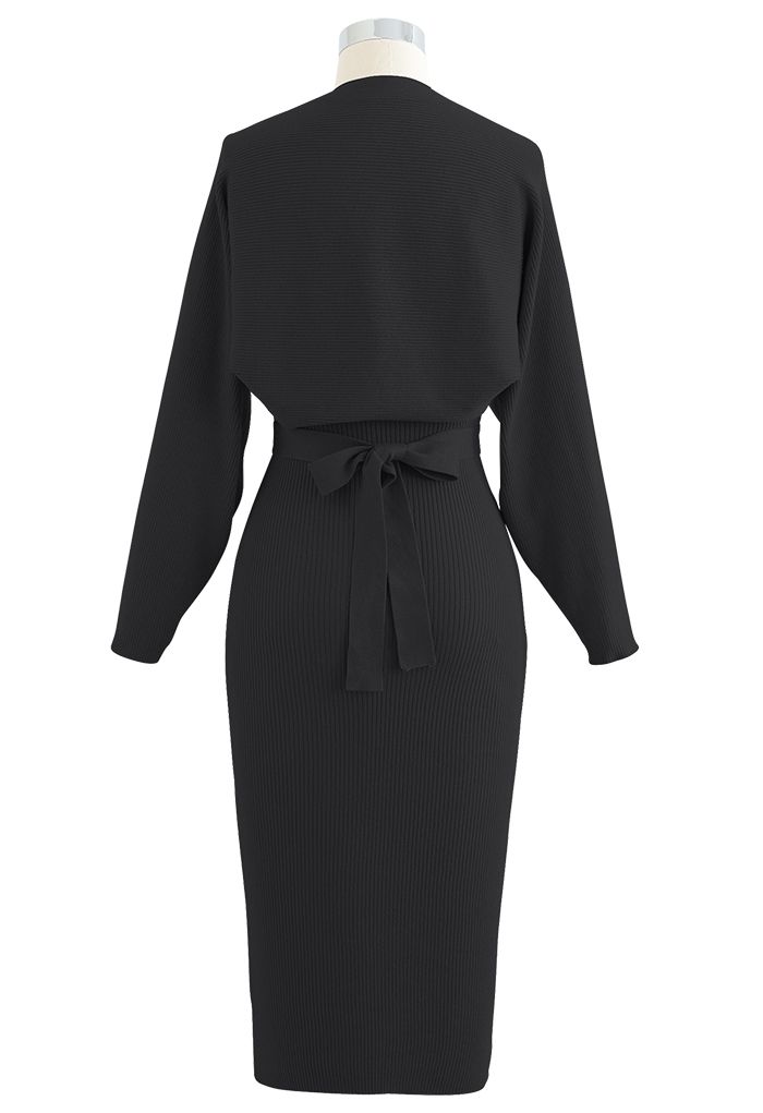 Halter Neck Bodycon Knit Dress with Sweater Sleeve in Black