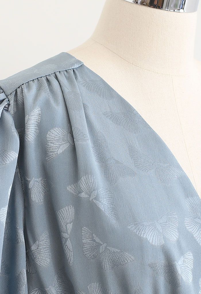 Jacquard Butterfly Button Down Wrap Midi Dress in Dusty Blue
