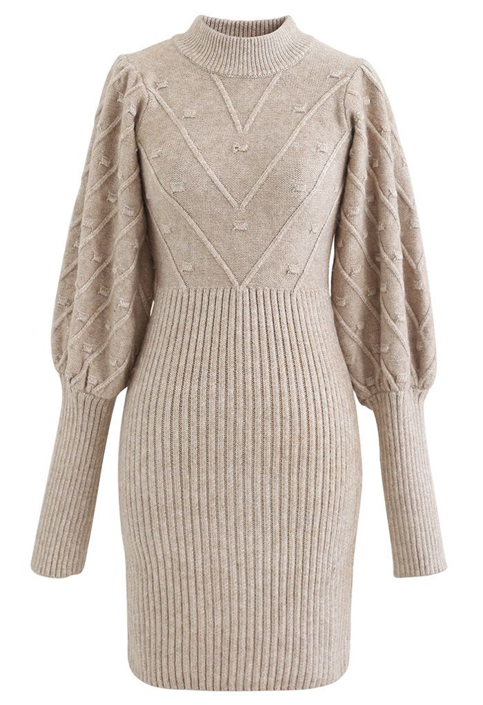 Embossed Mix-Knit Bubble Sleeve Shift Dress in Tan