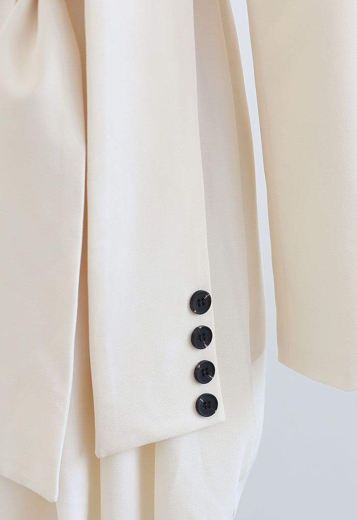 Tie Waist Pleated Pad Shoulder Blazer Dress in Ivory