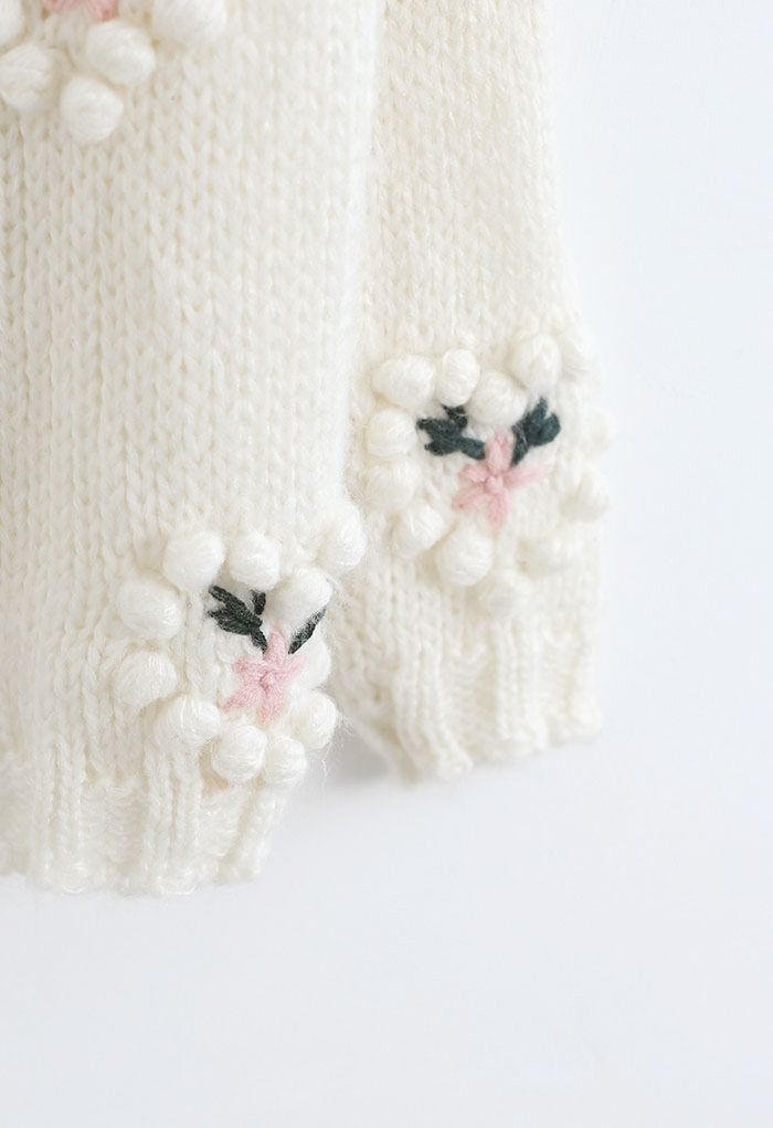 Pom-Pom Heart Stitched Flower Hand-Knit Cardigan