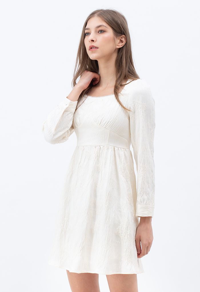 Floral Embossed Square Neck Mini Dress in Ivory