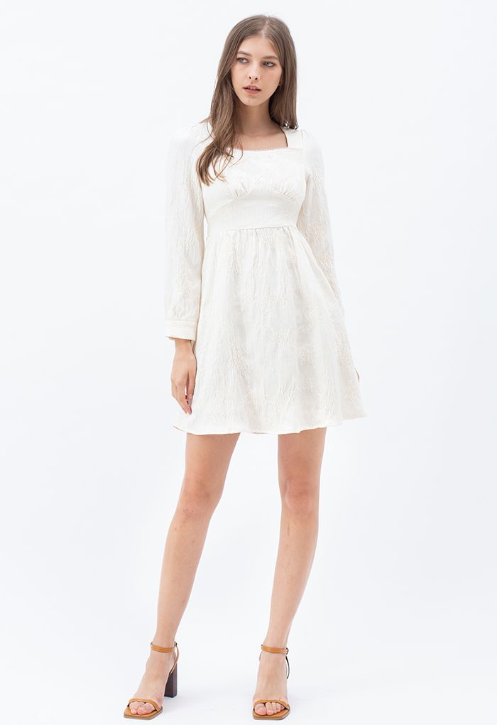 Floral Embossed Square Neck Mini Dress in Ivory