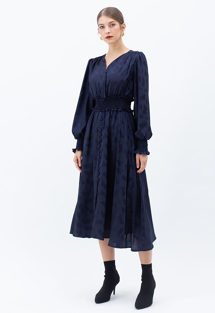 Jacquard Butterfly Button Down Wrap Midi Dress in Navy - Retro, Indie ...