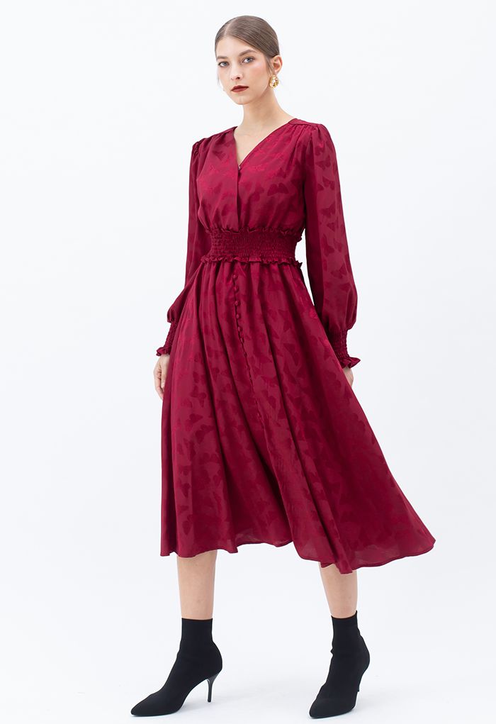 Jacquard Butterfly Button Down Wrap Midi Dress in Red
