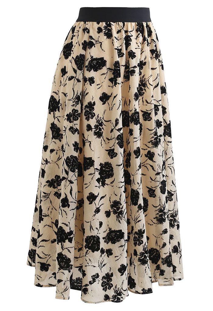 Rosa Print Sheer Midi Skirt in Sand - Retro, Indie and Unique Fashion