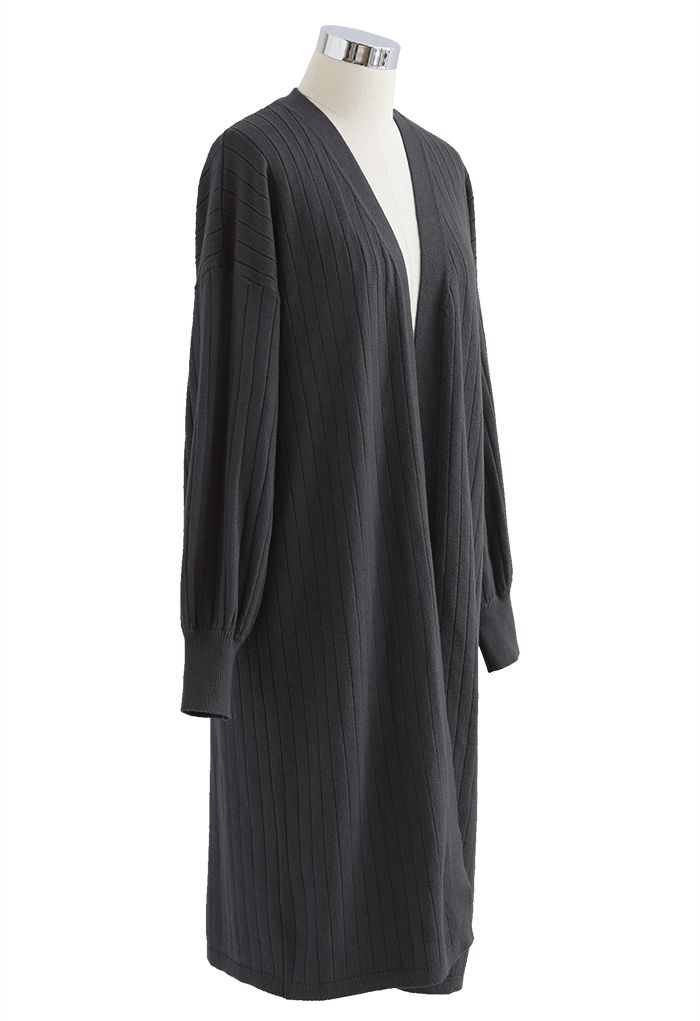 Rib Knitted Open Front Longline Knit Cardigan in Grey