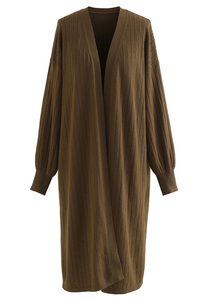 Rib Knitted Open Front Longline Knit Cardigan in Brown