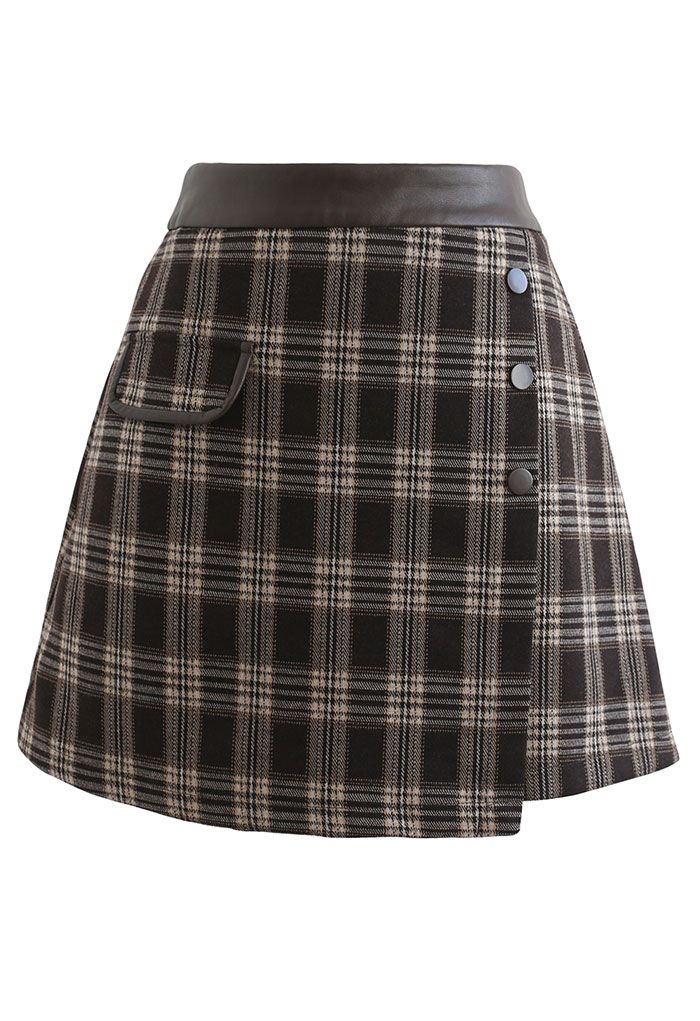 PU Leather Waist Plaid Wool-Blend Mini Skirt - Retro, Indie and Unique ...