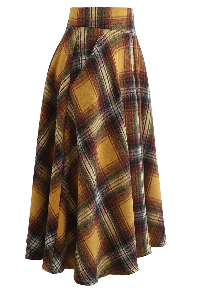 Multicolor Check Print Wool-Blend A-Line Skirt in Mustard - Retro ...