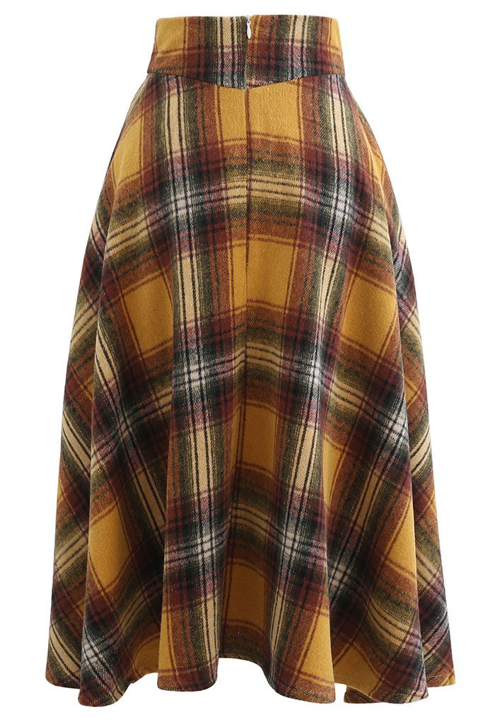 Multicolor Check Print Wool-Blend A-Line Skirt in Mustard - Retro ...