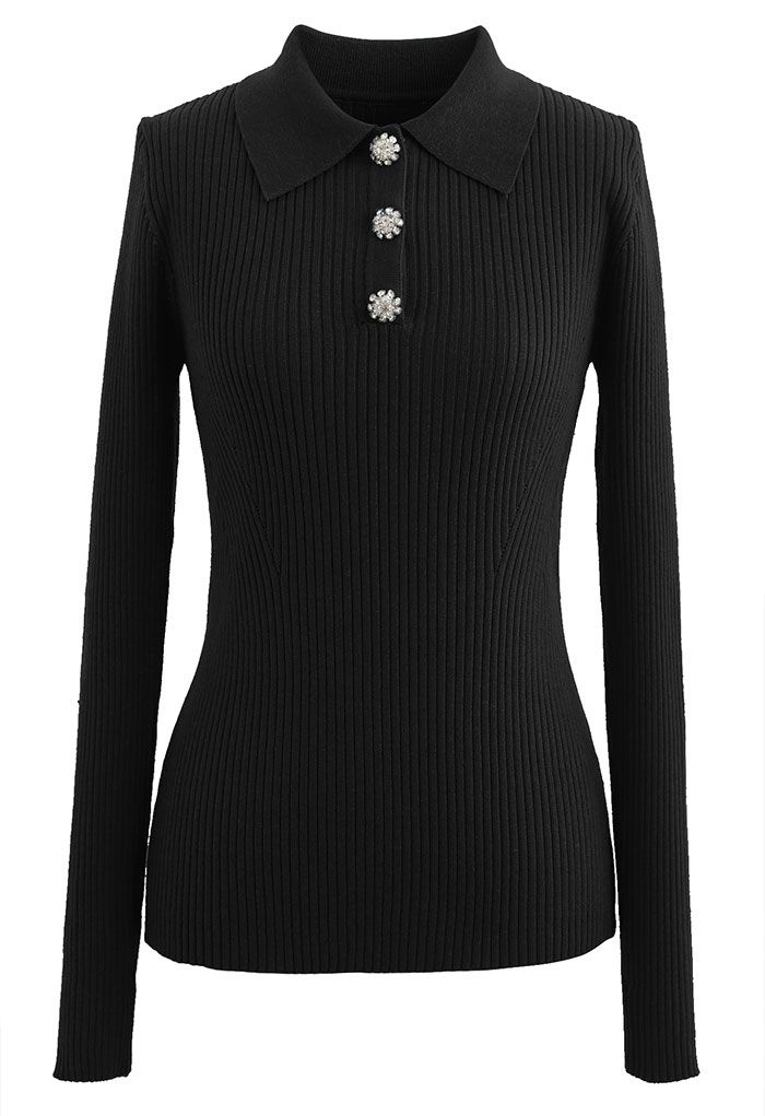 Brooch Button Collared Fitted Knit Top in Black