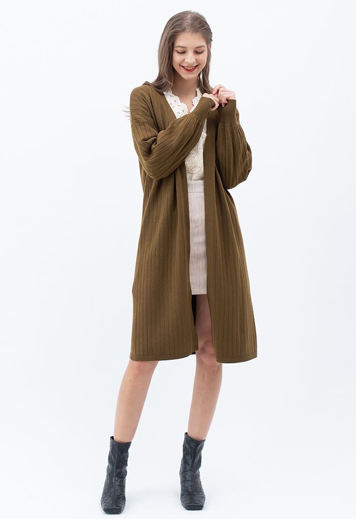 Rib Knitted Open Front Longline Knit Cardigan in Brown