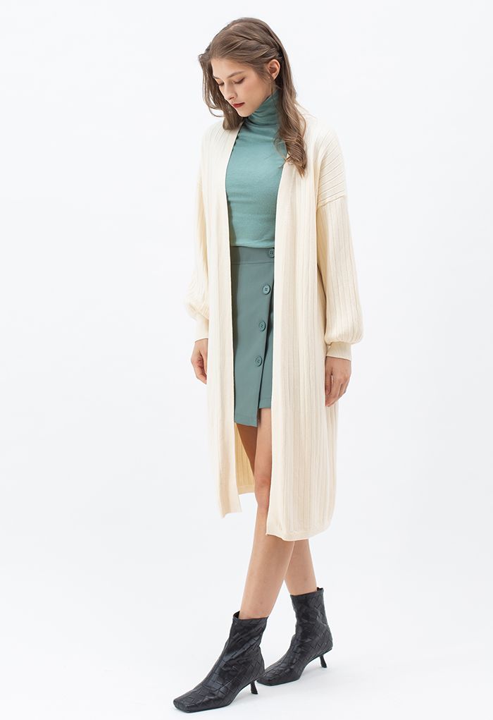 Rib Knitted Open Front Longline Knit Cardigan in Cream