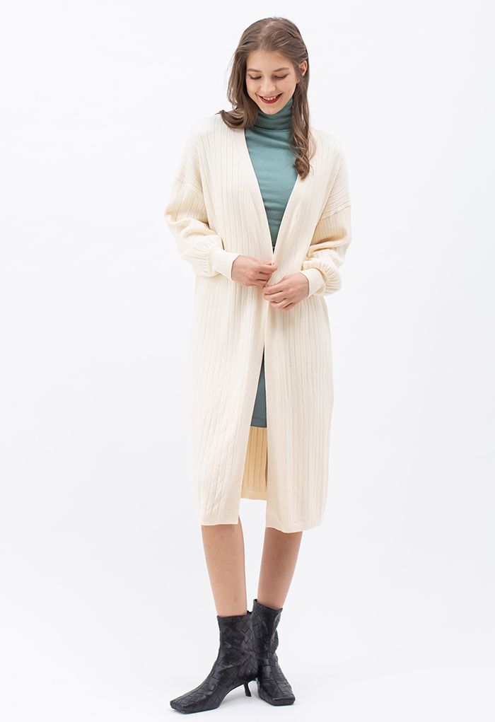 Rib Knitted Open Front Longline Knit Cardigan in Cream