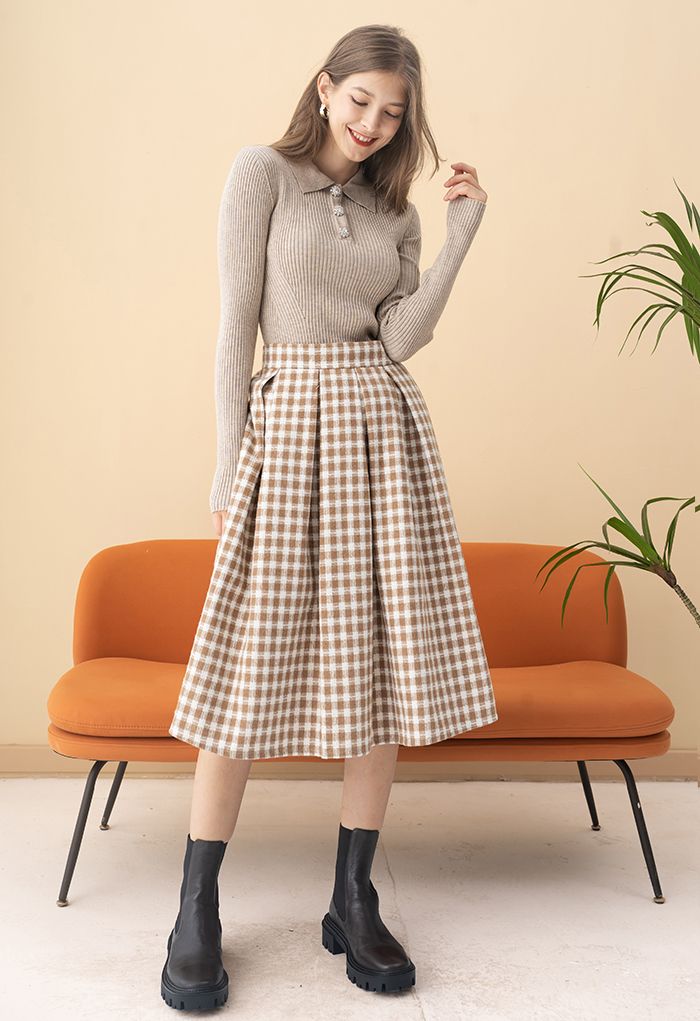 Plaid Print Wool-Blend Pleated Midi Skirt in Light Tan