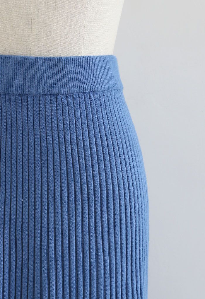 Side Vent High Waist Knit Skirt in Blue
