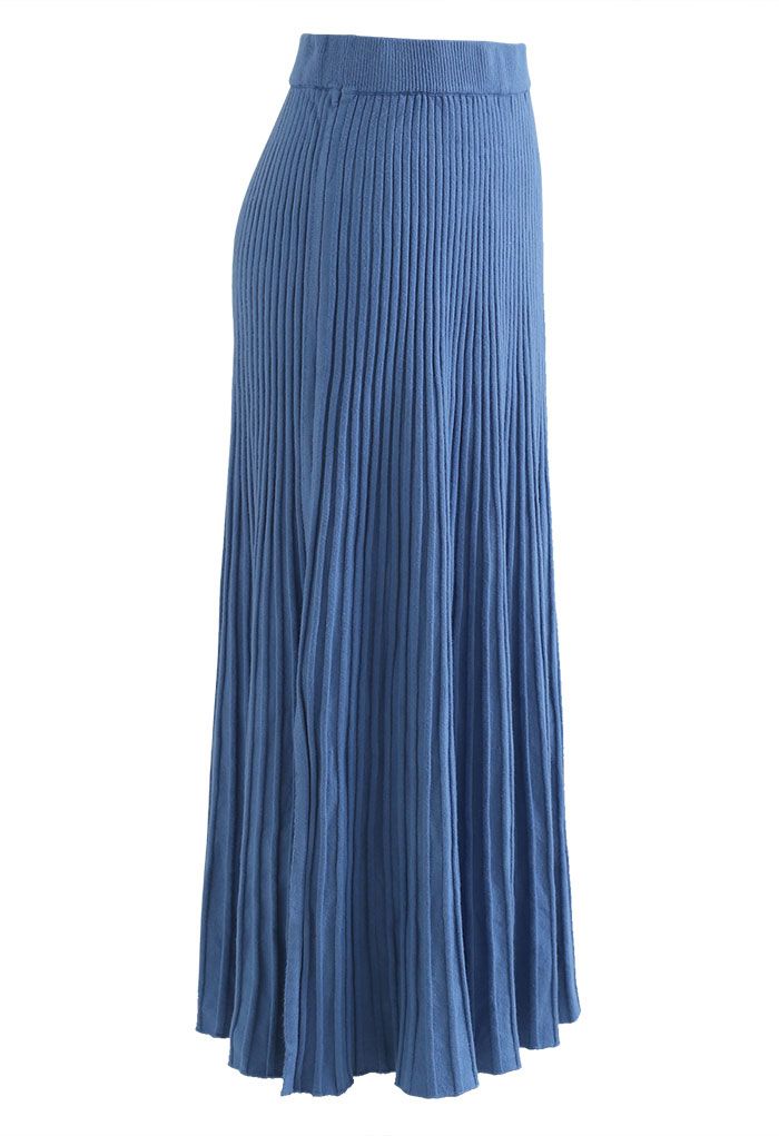 Side Vent High Waist Knit Skirt in Blue