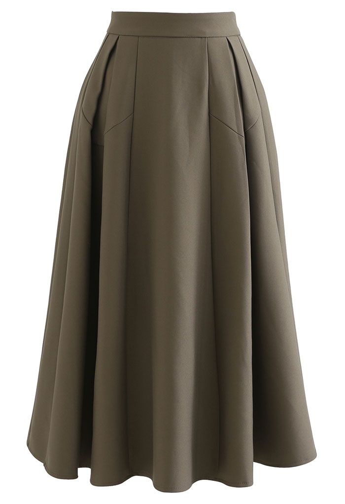 Functional A-Line Pleated Midi Skirt in Khaki - Retro, Indie and Unique ...